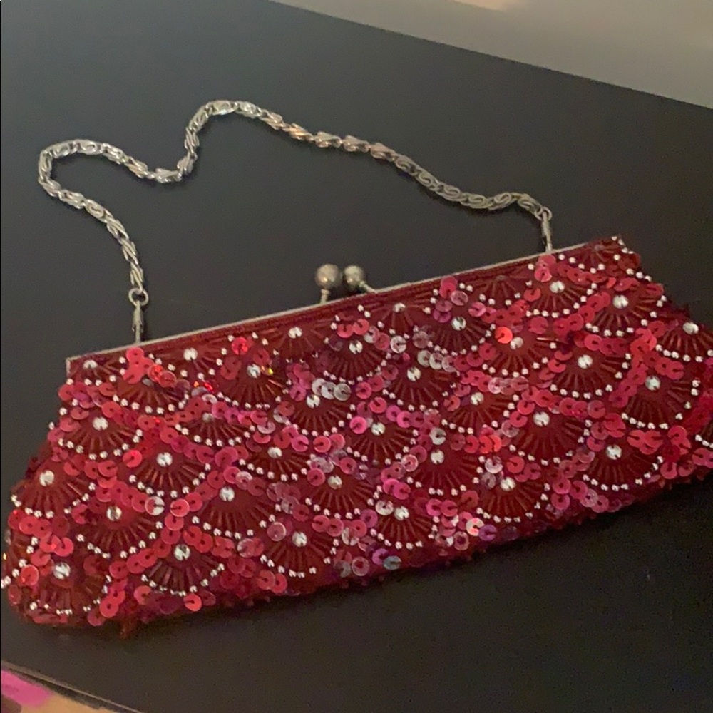 Vintage Pink Sequin Clutch with Silver Chain